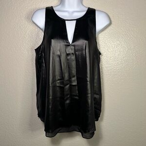 Trouve Metallic Black Satin Sheer Tank Top